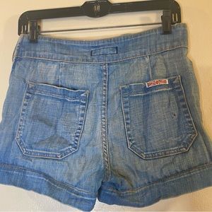 Very flattering Hudson jean shorts, with distressed denim, side zipper, size 27.